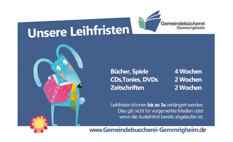 Unsere Ausleihfristen Bücher und Spiele 4 Wochen, CDs, Tonis, DVDs 2 Wochen, Zeitschriften 2 Wochen