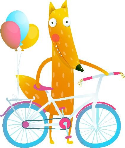 Grafik mit dem Fuchs, Luftballons und dem Fahrrad